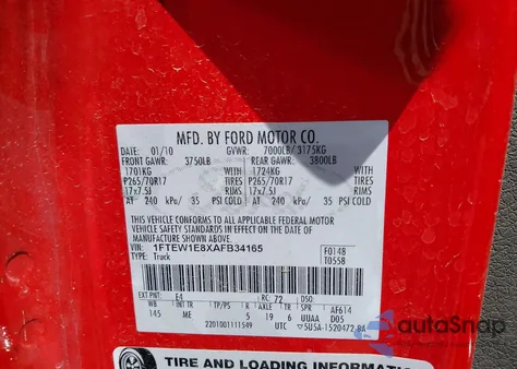 2010 Ford F-150 Xl/Xlt z USA, uszkodzony, nr VIN 1FTEW1E8XAFB34165